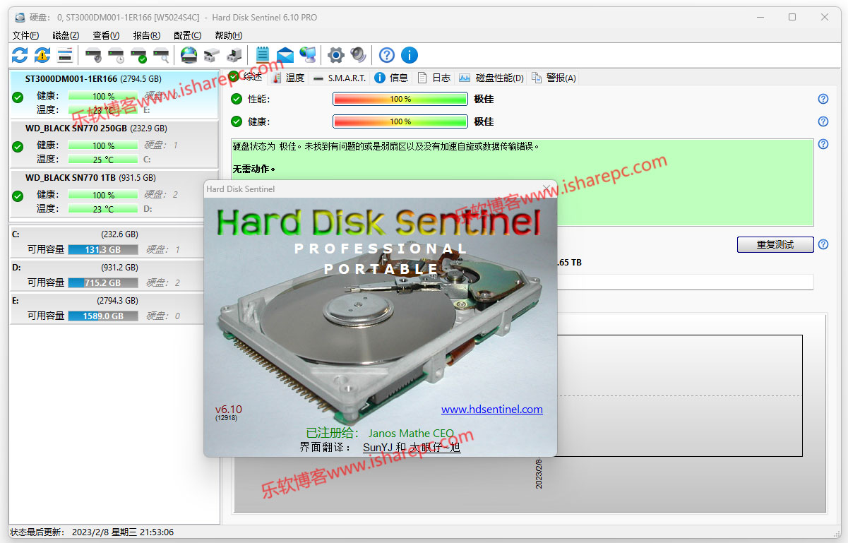 硬盘哨兵Hard Disk Sentinel 6.10中文破解绿色版